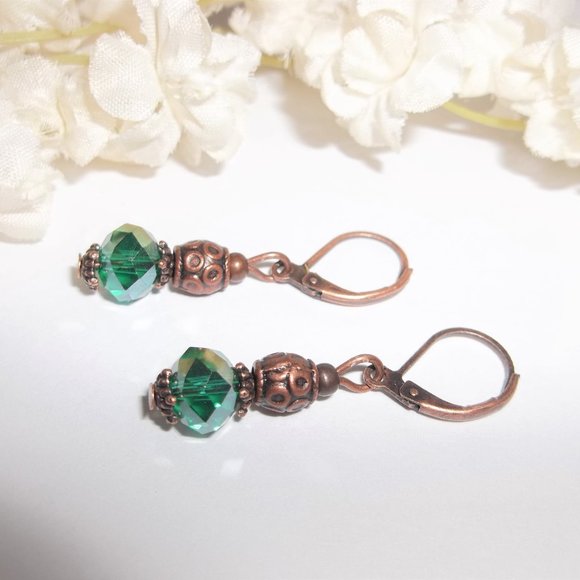 Small Boho Earring Set AB Green & Copper Beaded Dangle Jewelry Handmade NWT 5801 - Picture 4 of 6